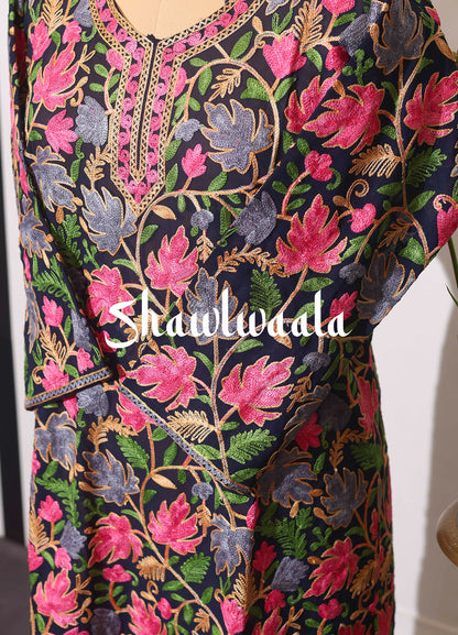 Women's Black Kashmiri Ari Work Embroidered Long Kurta