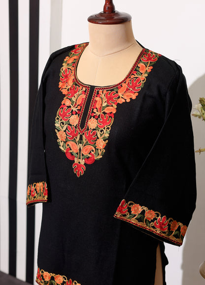 Aari Embroidery Sharp Hues On Black Phiran Style Short Kurti
