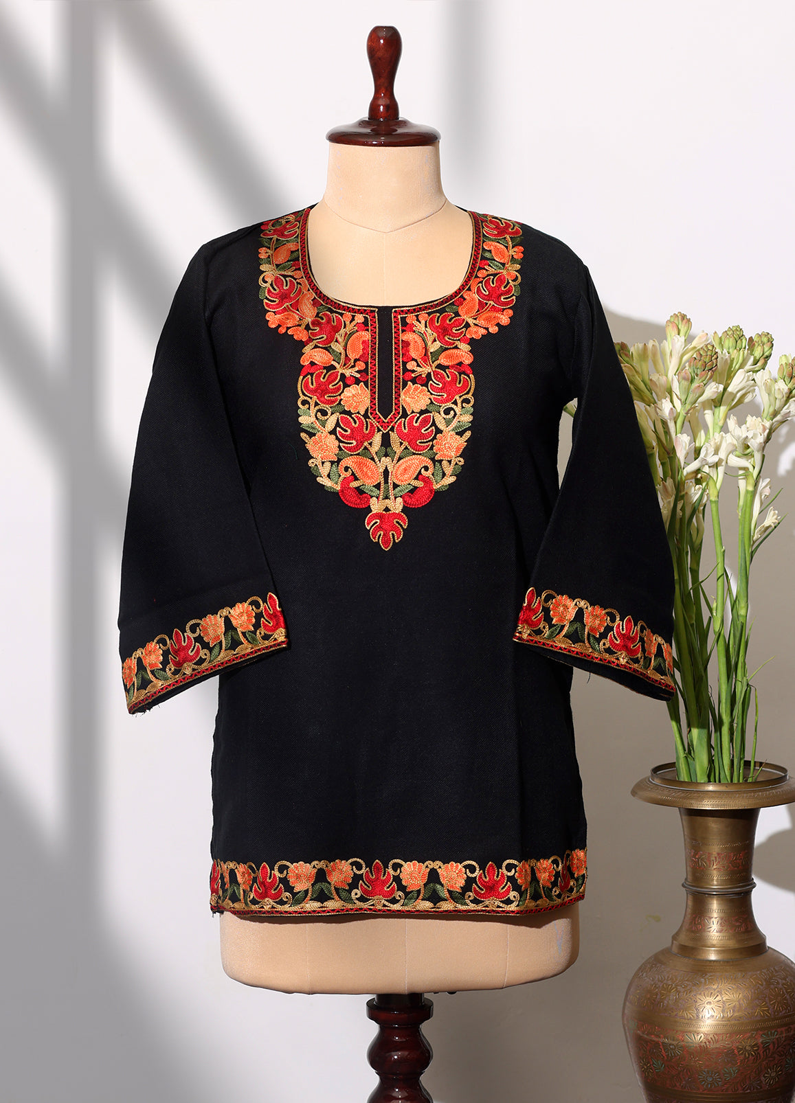 Aari Embroidery Sharp Hues On Black Phiran Style Short Kurti