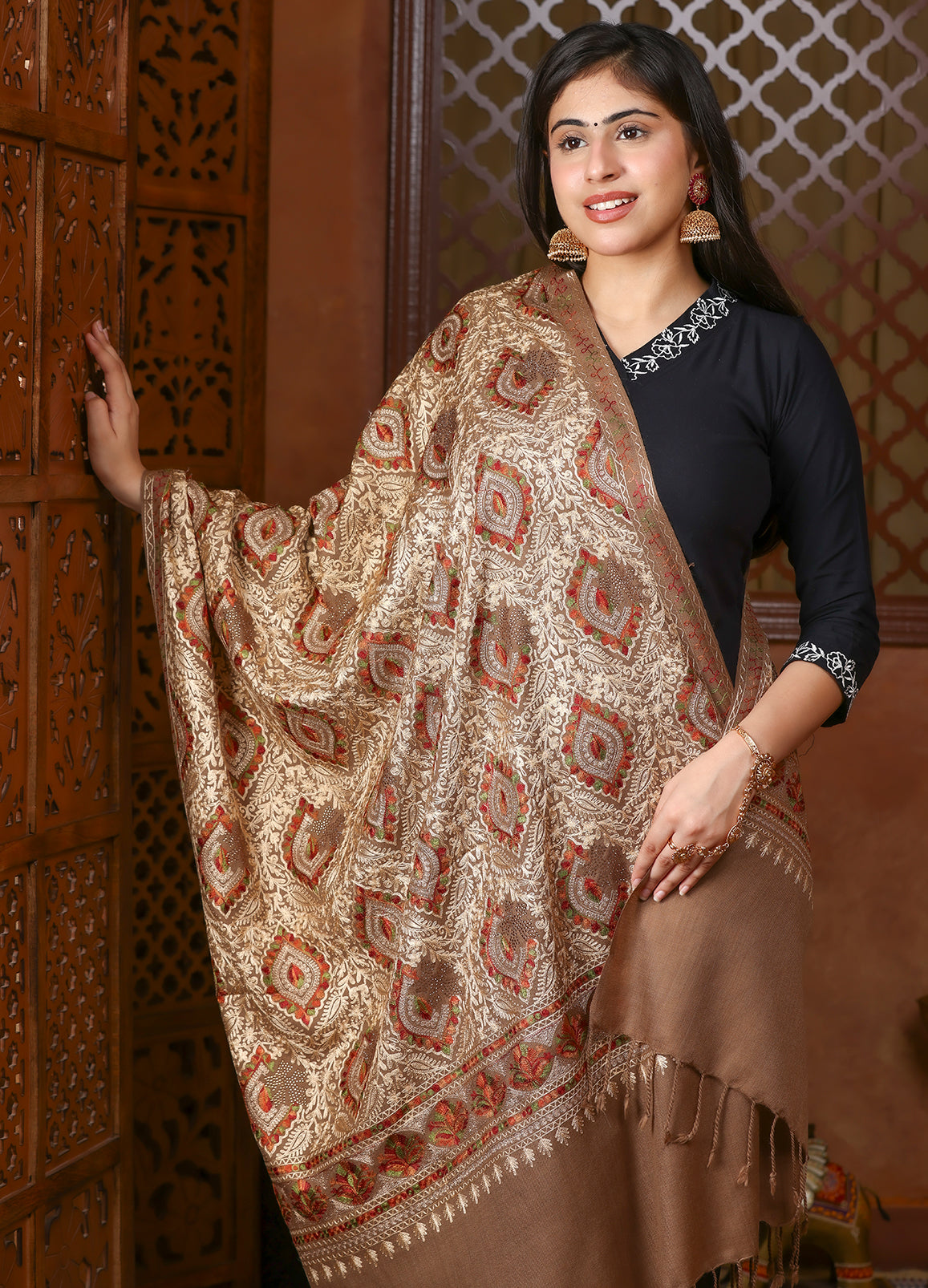 Antique Gold Handcrafted Aari Embroidered Stole