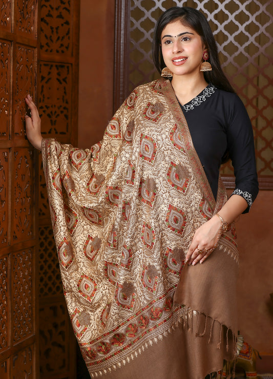 Antique Gold Handcrafted Aari Embroidered Stole