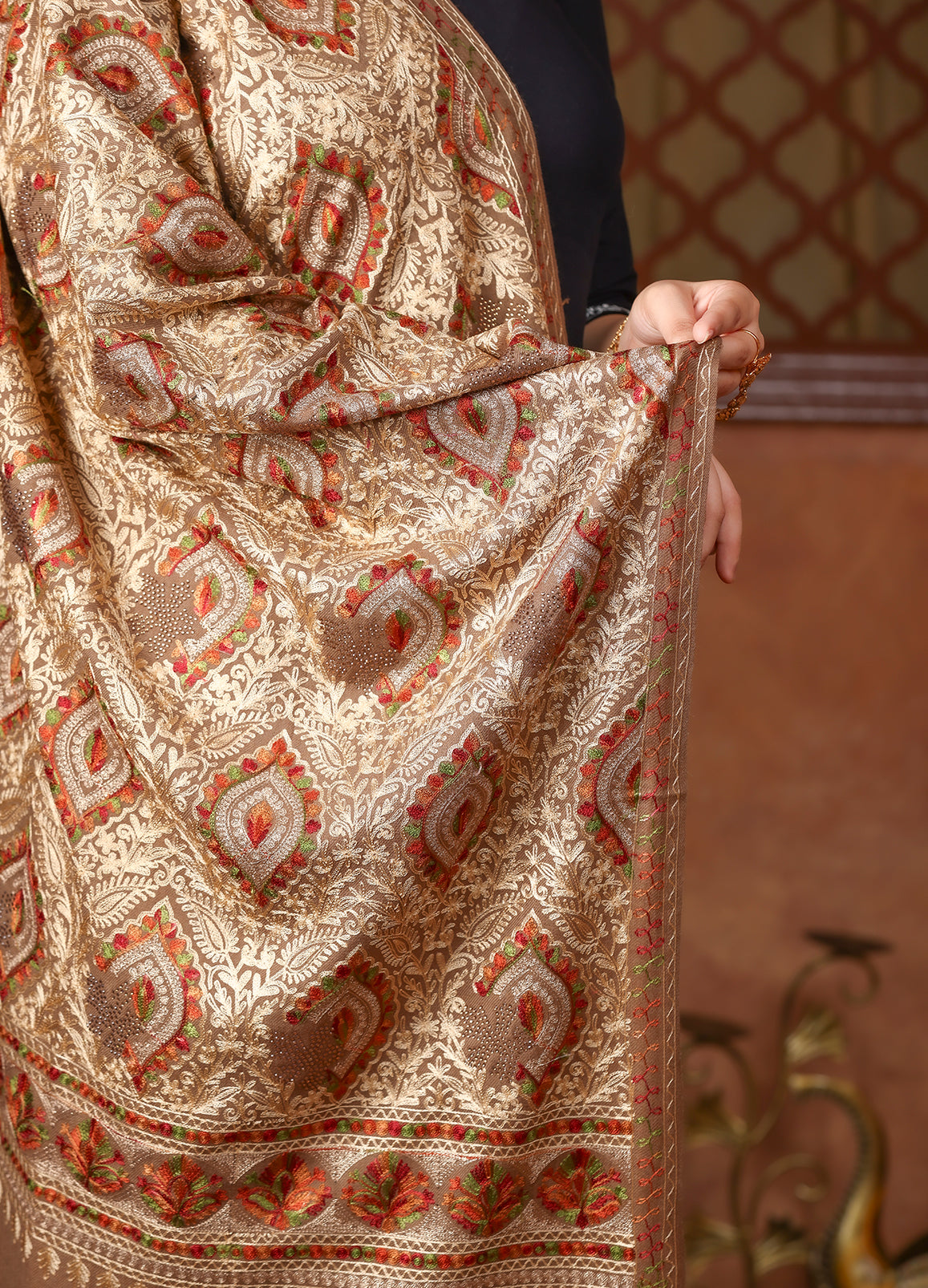 Antique Gold Handcrafted Aari Embroidered Stole