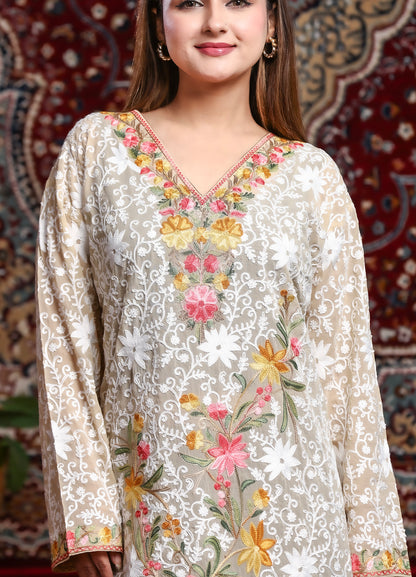 Beige Floral Kashmiri Ari Work Georgette Long Kurta – Free Size