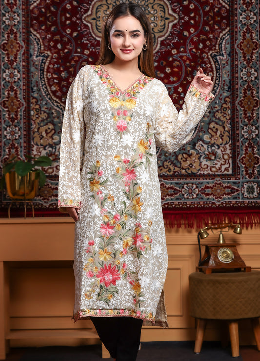 Beige Floral Kashmiri Ari Work Georgette Long Kurta – Free Size