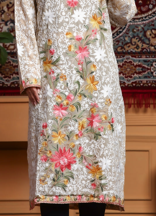 Beige Floral Kashmiri Ari Work Georgette Long Kurta – Free Size