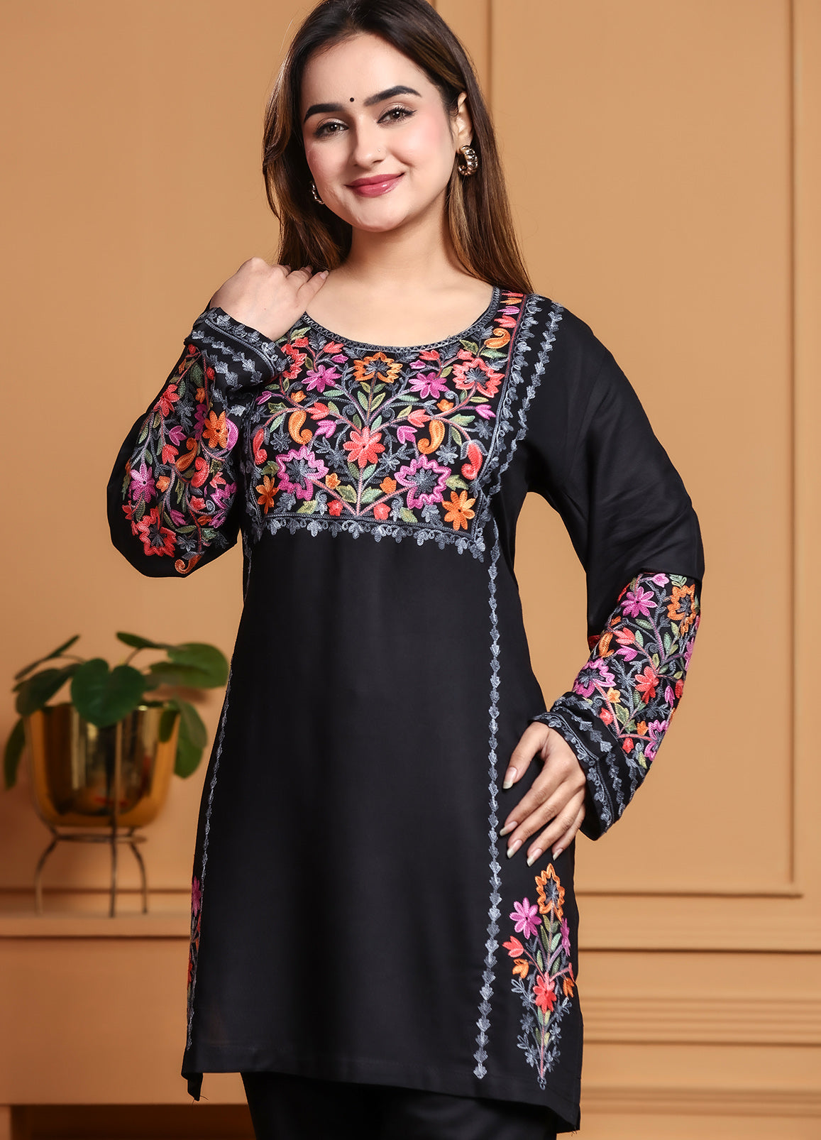 Black Kashmiri Ari Work Rayon Straight Embroidered Kurta With Pant