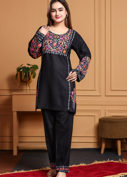 Black Kashmiri Ari Work Rayon Straight Embroidered Kurta With Pant