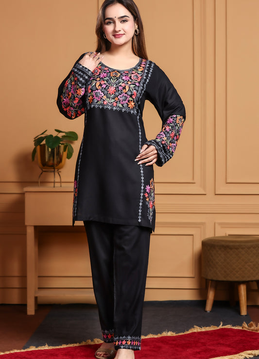 Black Kashmiri Ari Work Rayon Straight Embroidered Kurta With Pant