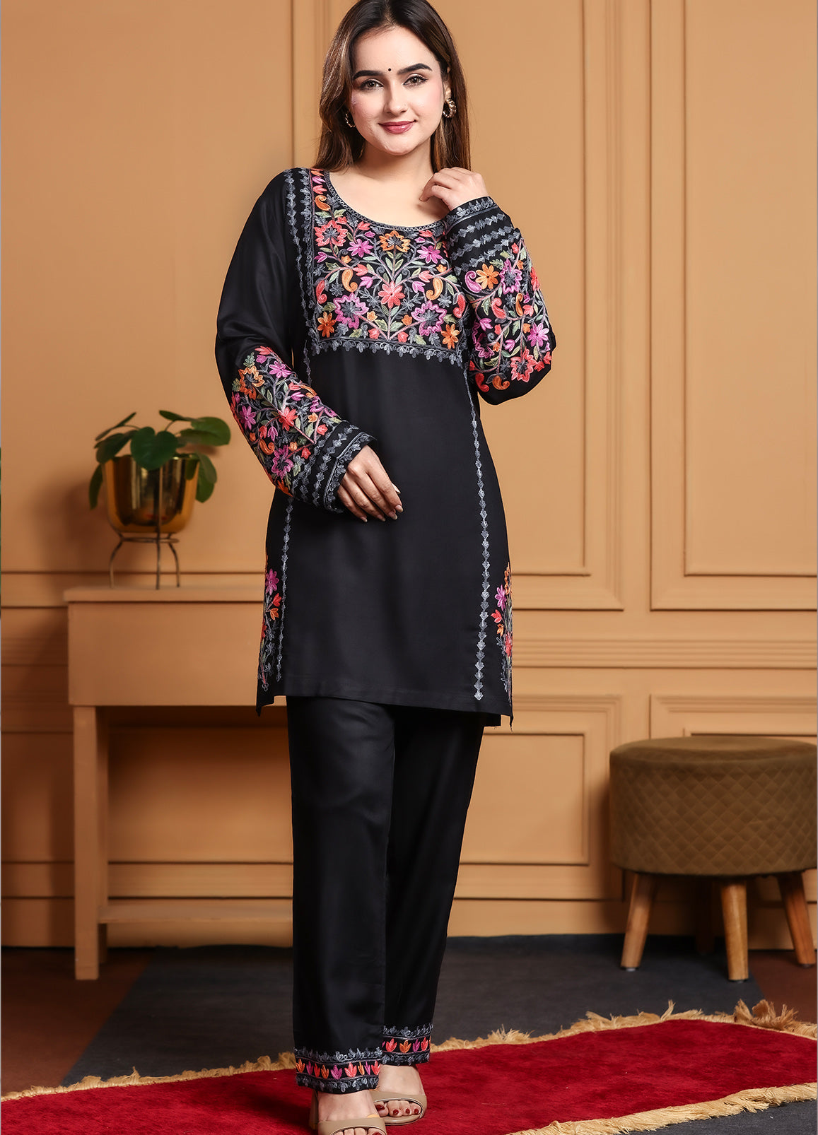 Black Kashmiri Ari Work Rayon Straight Embroidered Kurta With Pant
