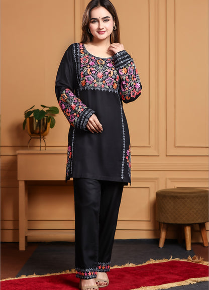 Black Kashmiri Ari Work Rayon Straight Embroidered Kurta With Pant