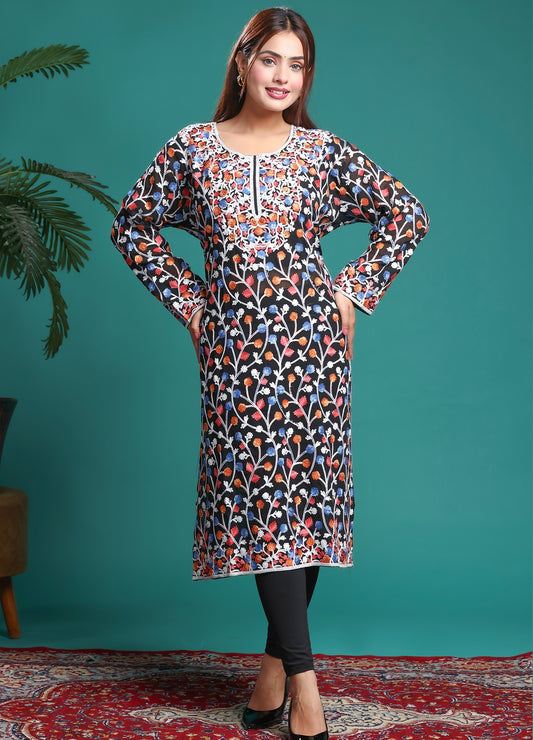 Black Multicolor Kashmiri Ari Work Georgette Long Kurta – Free Size