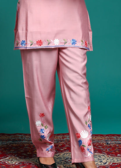 Blush Pink Kashmiri Ari Work Rayon Straight Embroidered Kurta with Pant