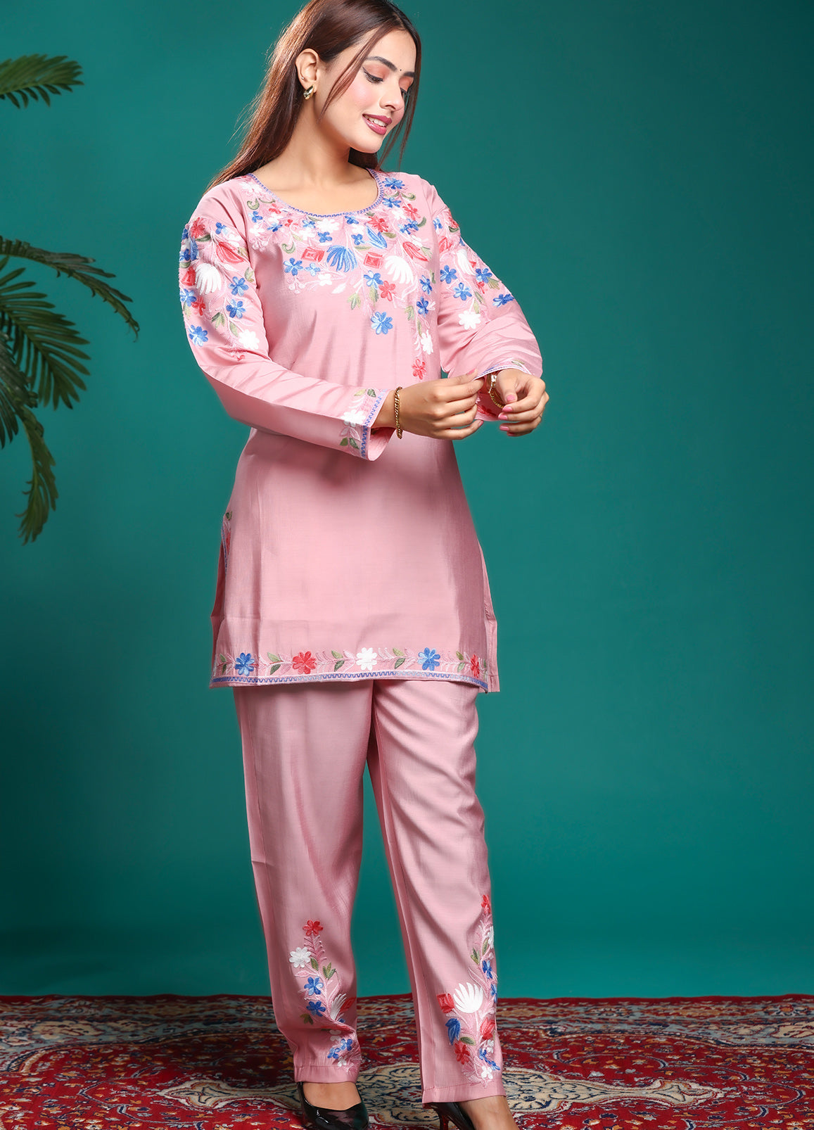 Blush Pink Kashmiri Ari Work Rayon Straight Embroidered Kurta with Pant