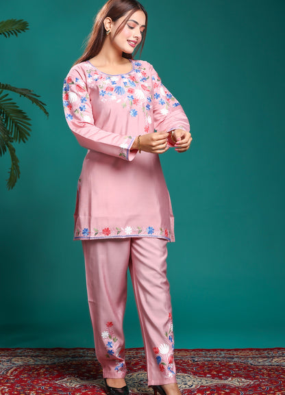 Blush Pink Kashmiri Ari Work Rayon Straight Embroidered Kurta with Pant