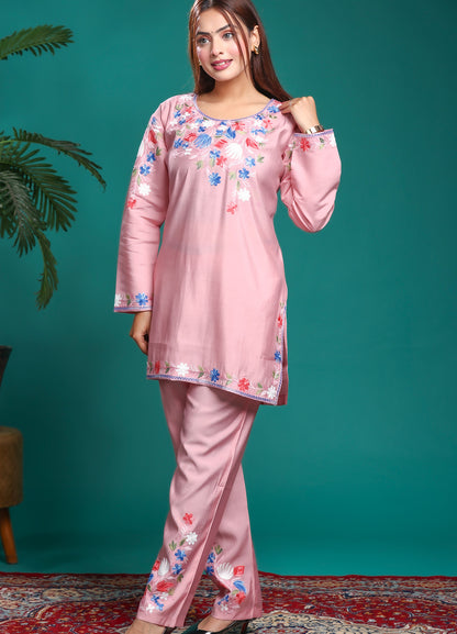 Blush Pink Kashmiri Ari Work Rayon Straight Embroidered Kurta with Pant