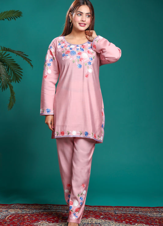 Blush Pink Kashmiri Ari Work Rayon Straight Embroidered Kurta with Pant