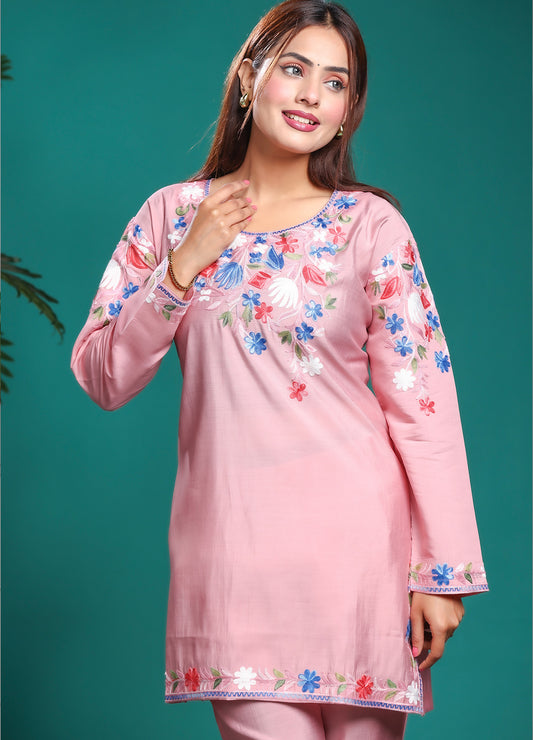 Blush Pink Kashmiri Ari Work Rayon Straight Embroidered Kurta with Pant