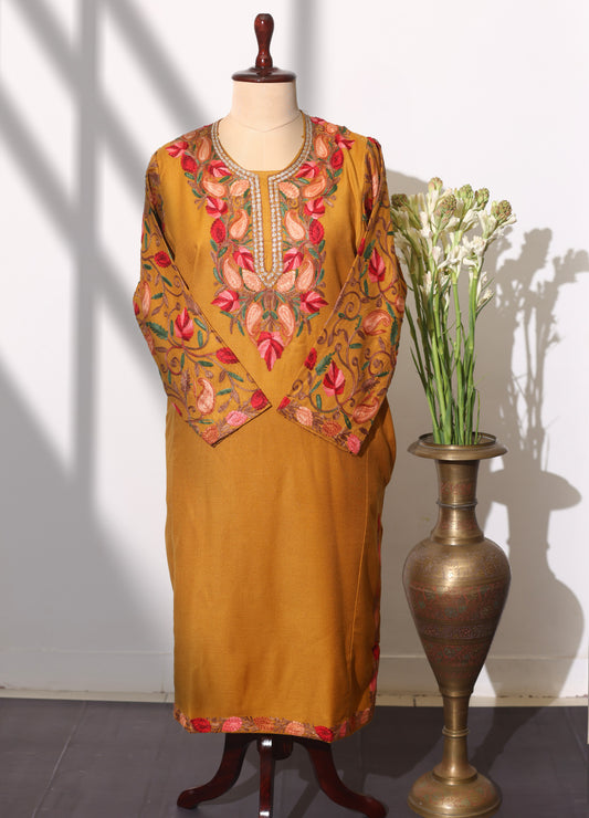 Chinar Neck & Arm Design Aari Embroidered Yellow Pheran