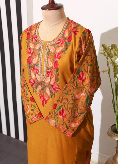 Chinar Neck & Arm Design Aari Embroidered Yellow Pheran