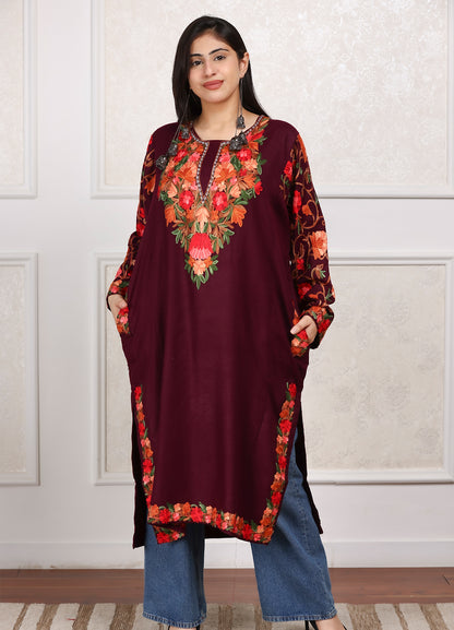 Chinar Neck & Arm Design Aari Embroidered Pheran