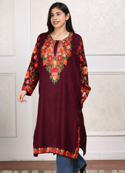 Chinar Neck & Arm Design Aari Embroidered Pheran