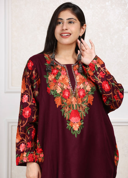 Chinar Neck & Arm Design Aari Embroidered Pheran