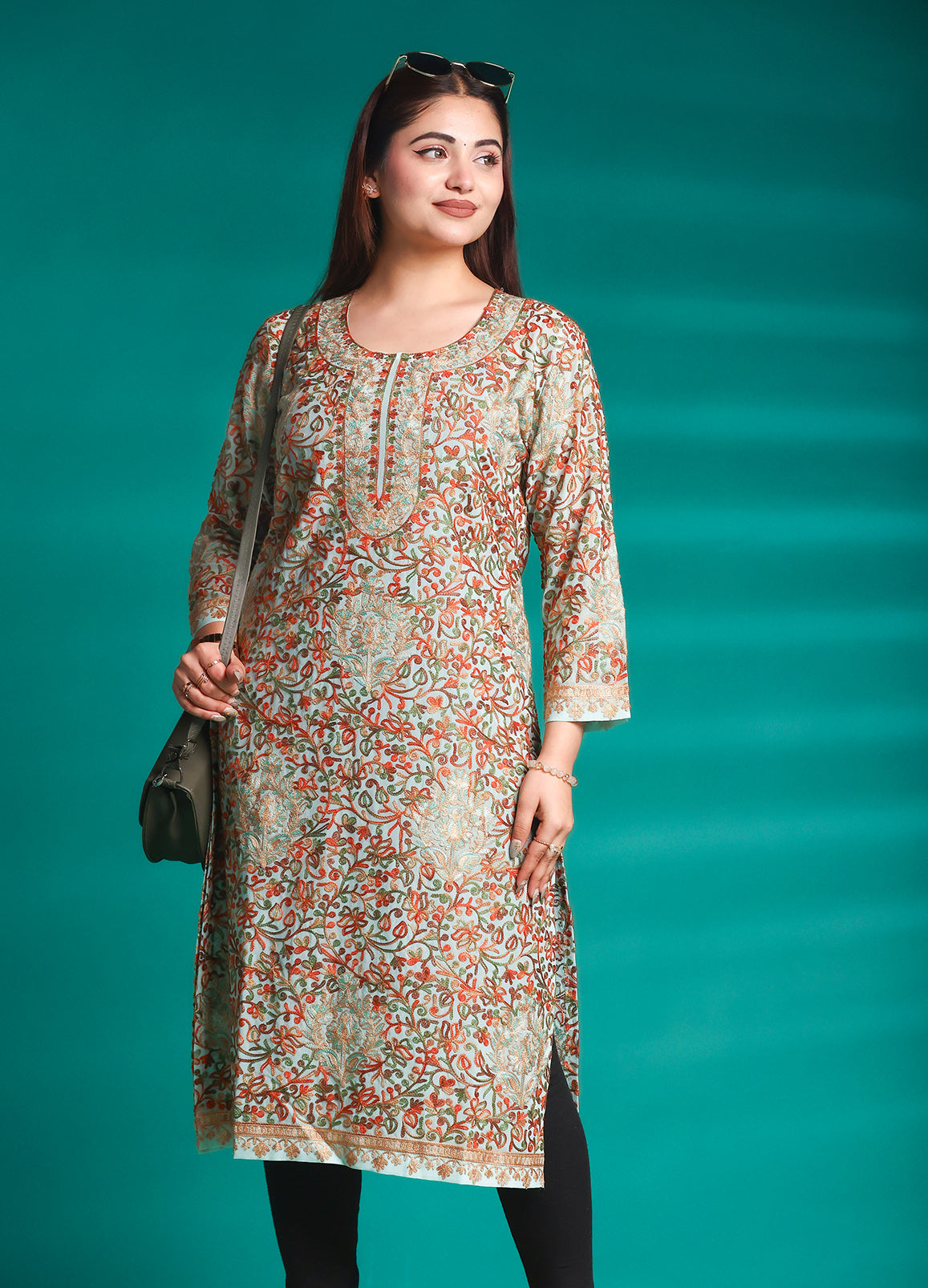 Pista Tone Floral Printed Georgette Long Kurta – Free Size
