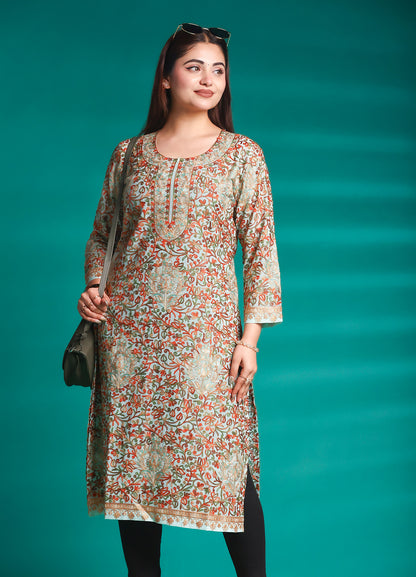 Pista Tone Floral Printed Georgette Long Kurta – Free Size