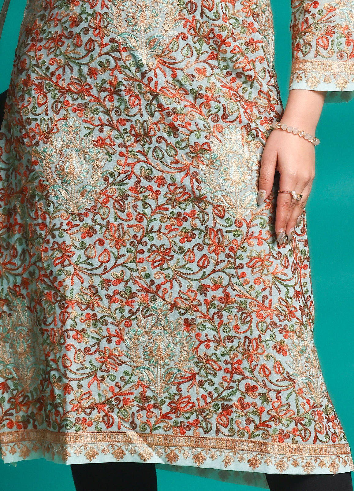 Pista Tone Floral Printed Georgette Long Kurta – Free Size