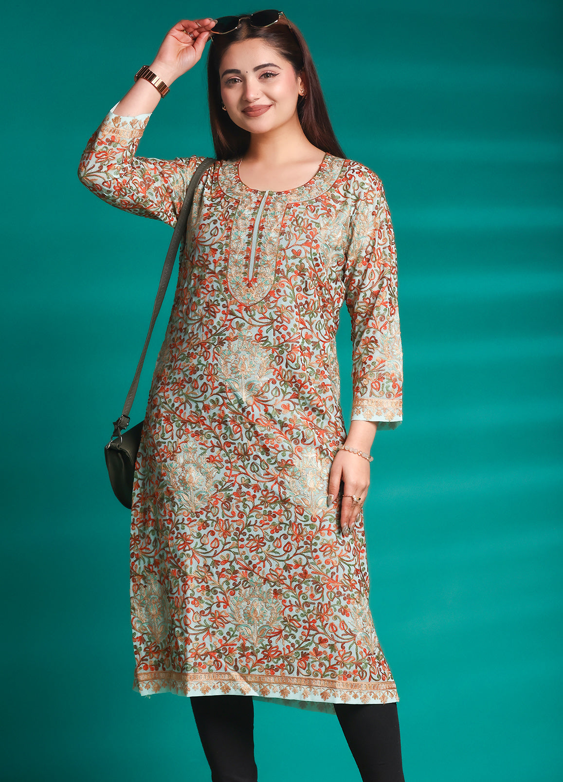 Pista Tone Floral Printed Georgette Long Kurta – Free Size