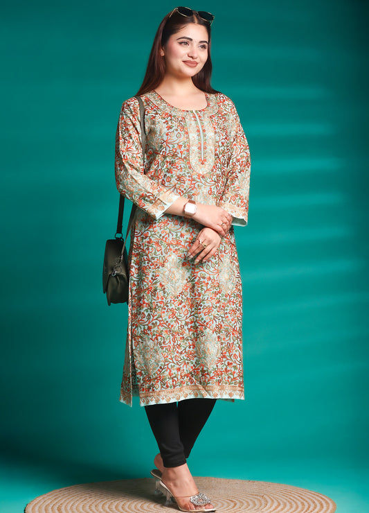 Pista Tone Floral Printed Georgette Long Kurta – Free Size