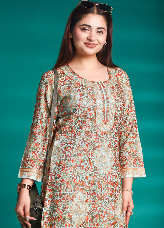 Pista Tone Floral Printed Georgette Long Kurta – Free Size