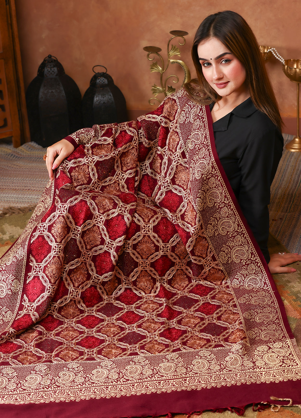 Crimson Charm Traditional Kashmiri Aari Kadai Shawl
