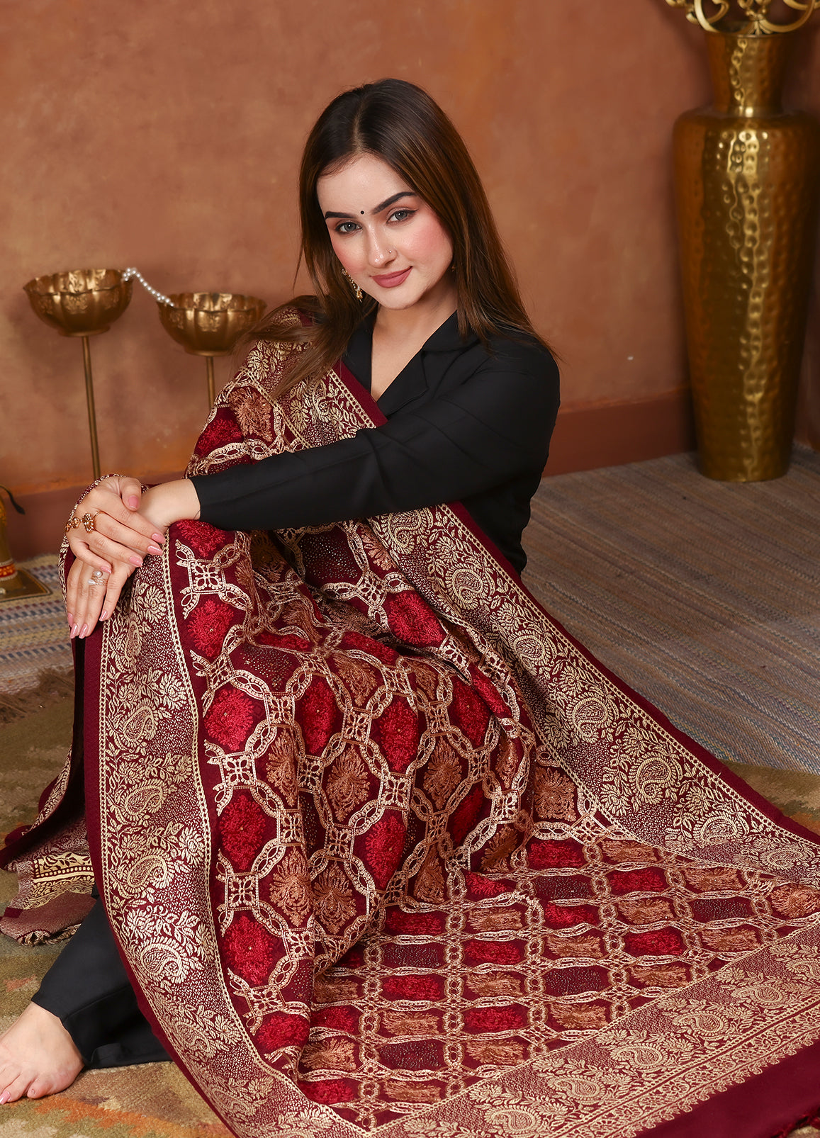 Crimson Charm Traditional Kashmiri Aari Kadai Shawl