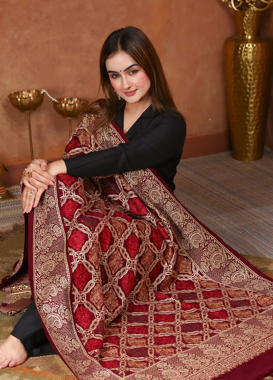 Crimson Charm Traditional Kashmiri Aari Kadai Shawl