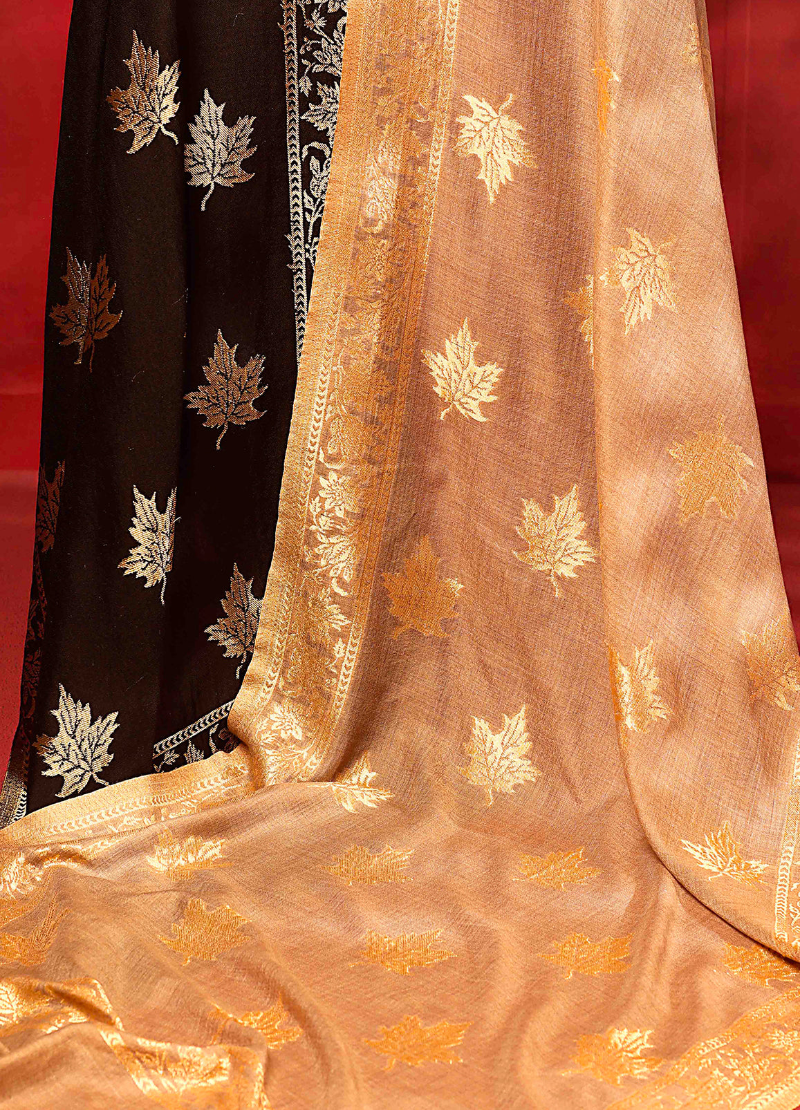 Twinlight Black And Gold Reversible Chinar Moonlight Design Stole
