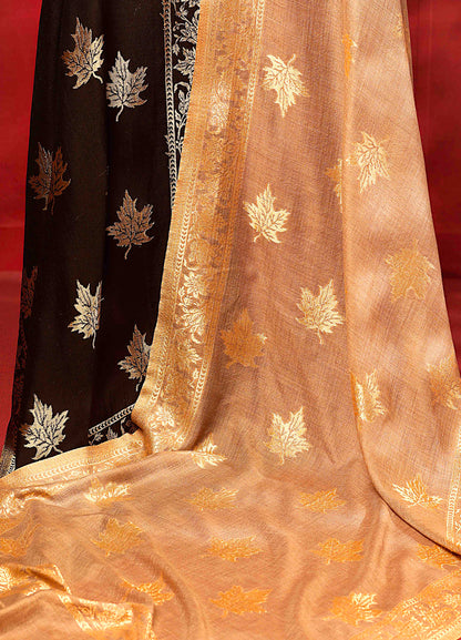 Twinlight Black And Gold Reversible Chinar Moonlight Design Stole