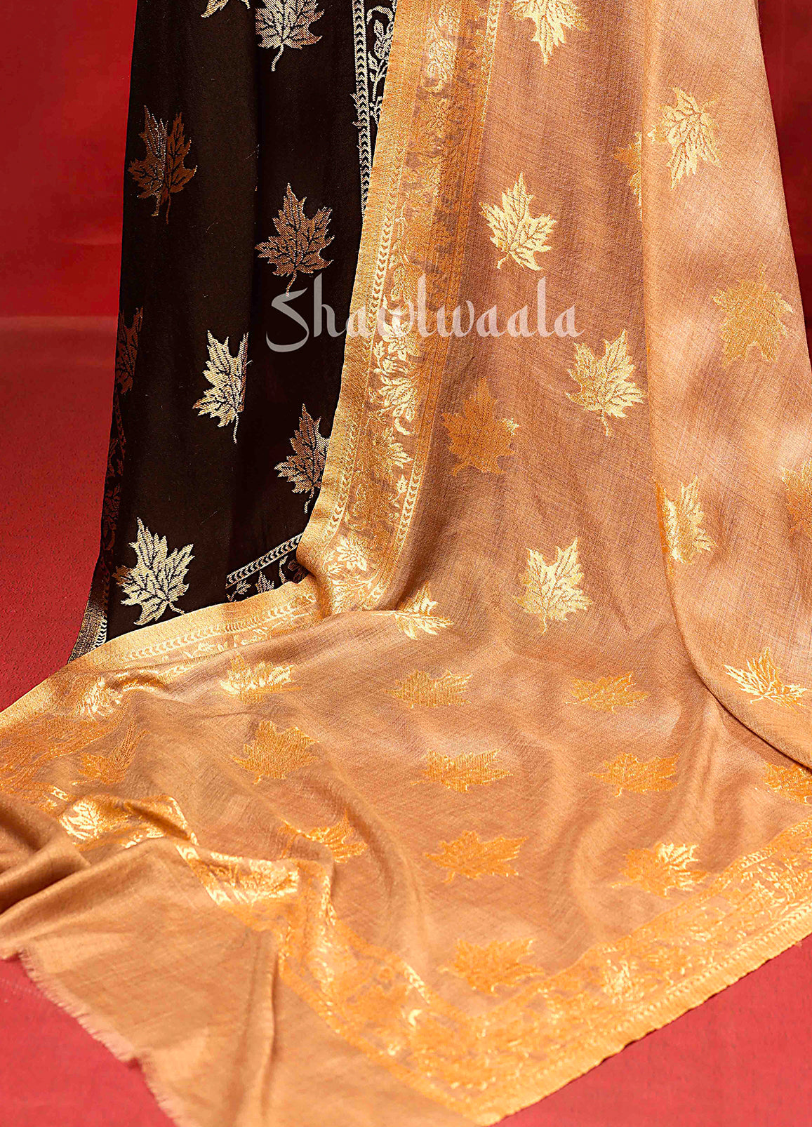 Twinlight Black And Gold Reversible Chinar Moonlight Design Stole