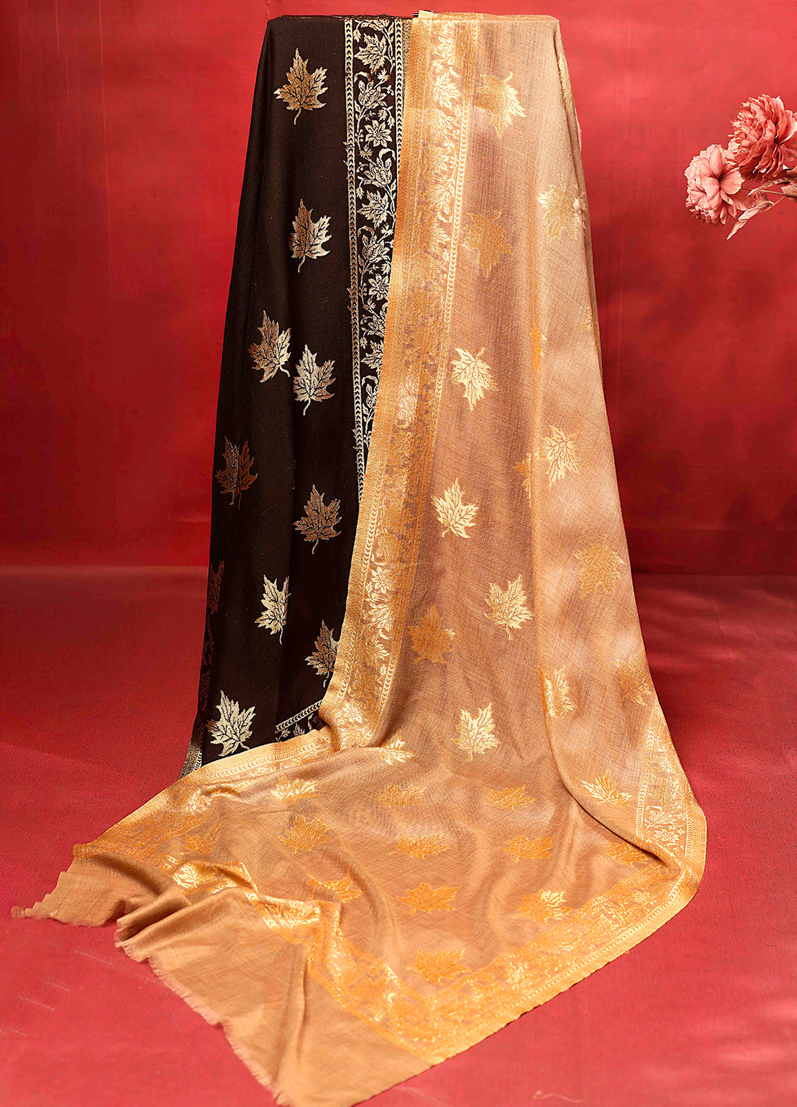 Twinlight Black And Gold Reversible Chinar Moonlight Design Stole