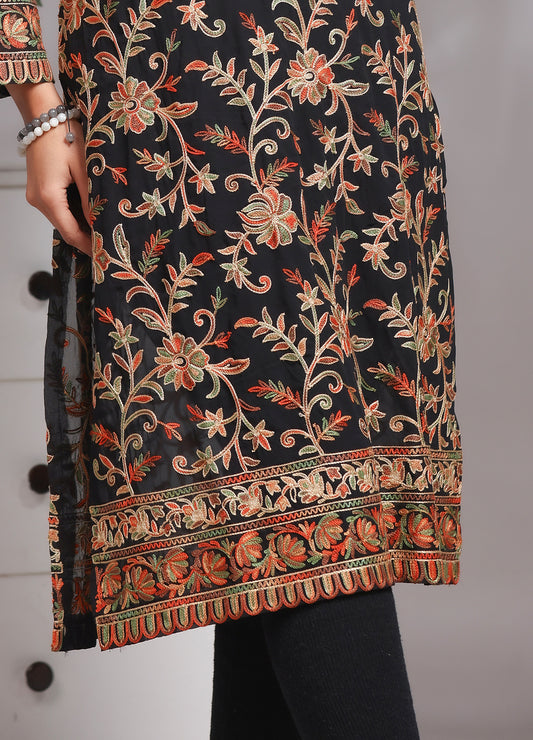 Georgette Long kurta In Black Color And Multi Color Embroidered
