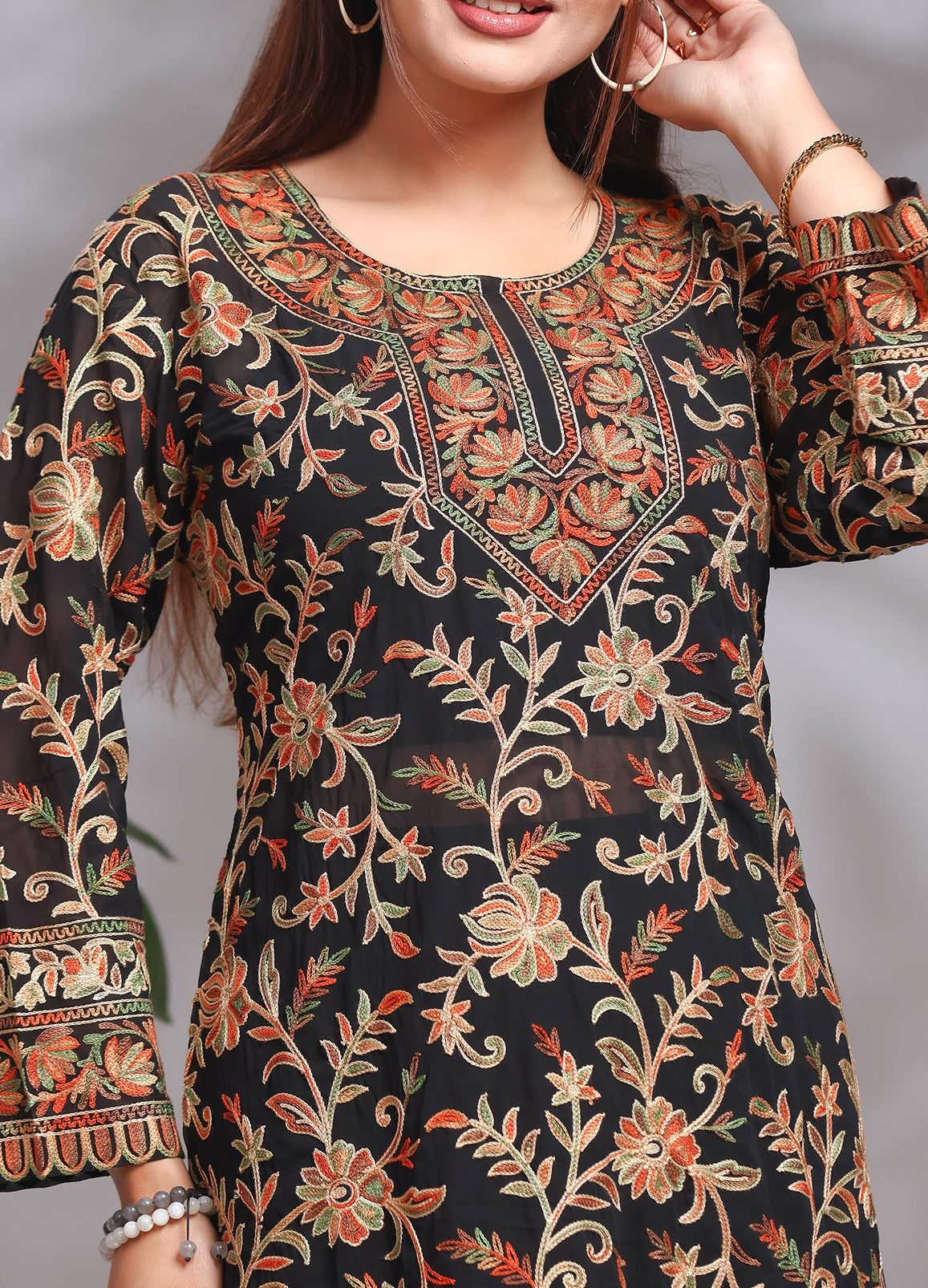 Georgette Long kurta In Black Color And Multi Color Embroidered