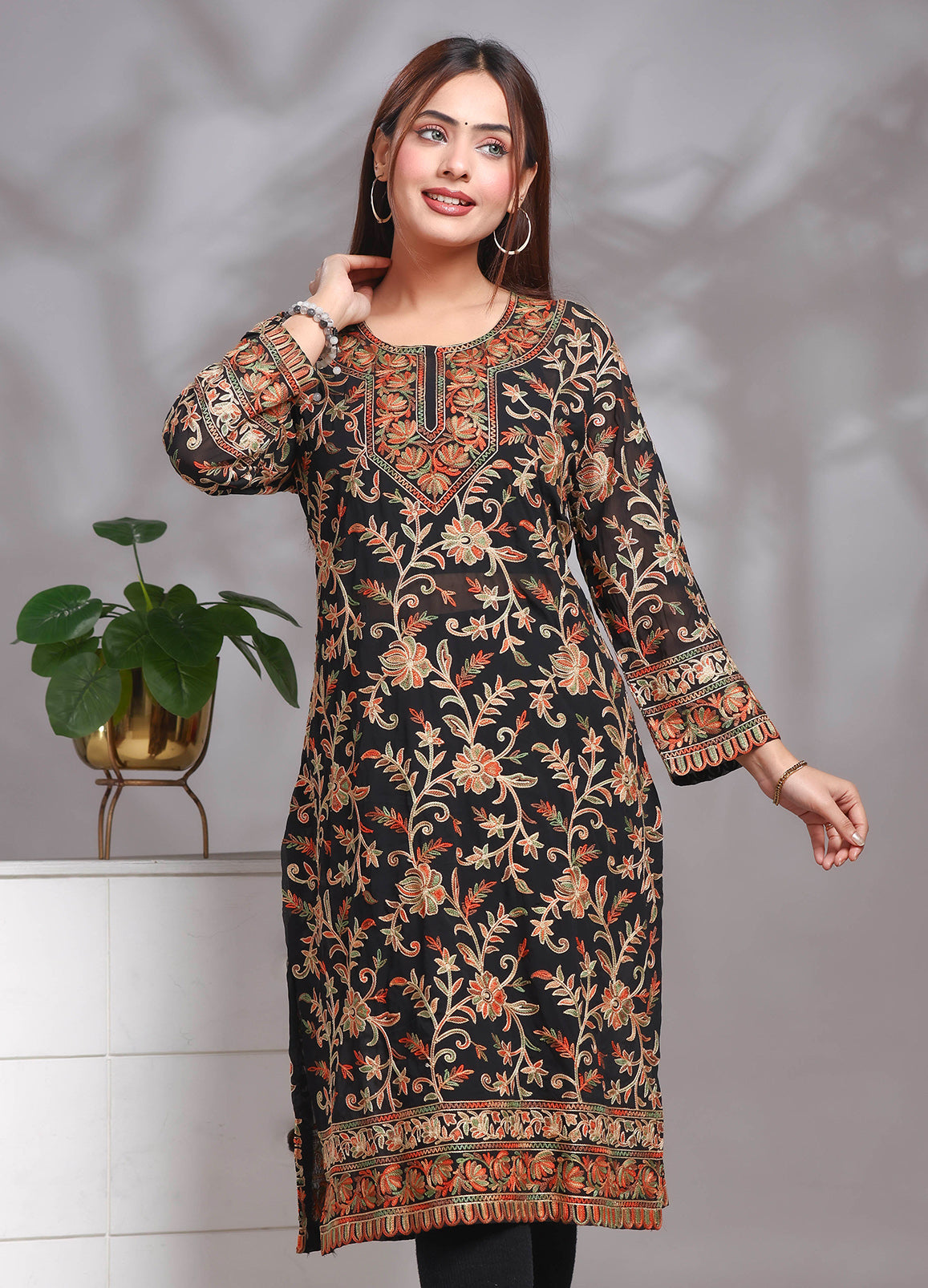 Georgette Long kurta In Black Color And Multi Color Embroidered