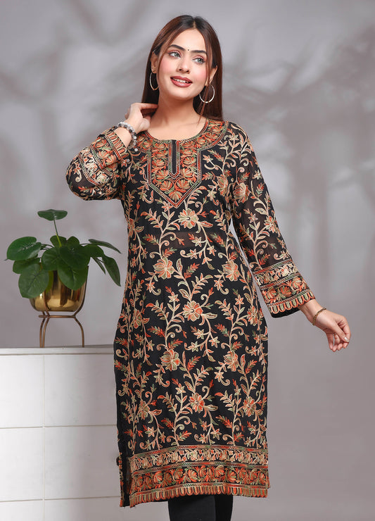 Georgette Long kurta In Black Color And Multi Color Embroidered