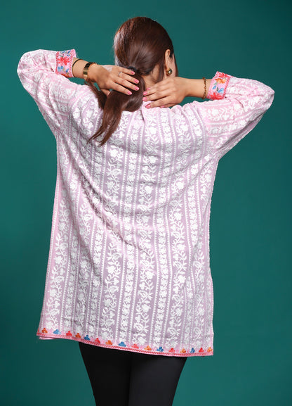 Women's Pink Floral Embroidered Georgette Long Kurta Multicolor Work