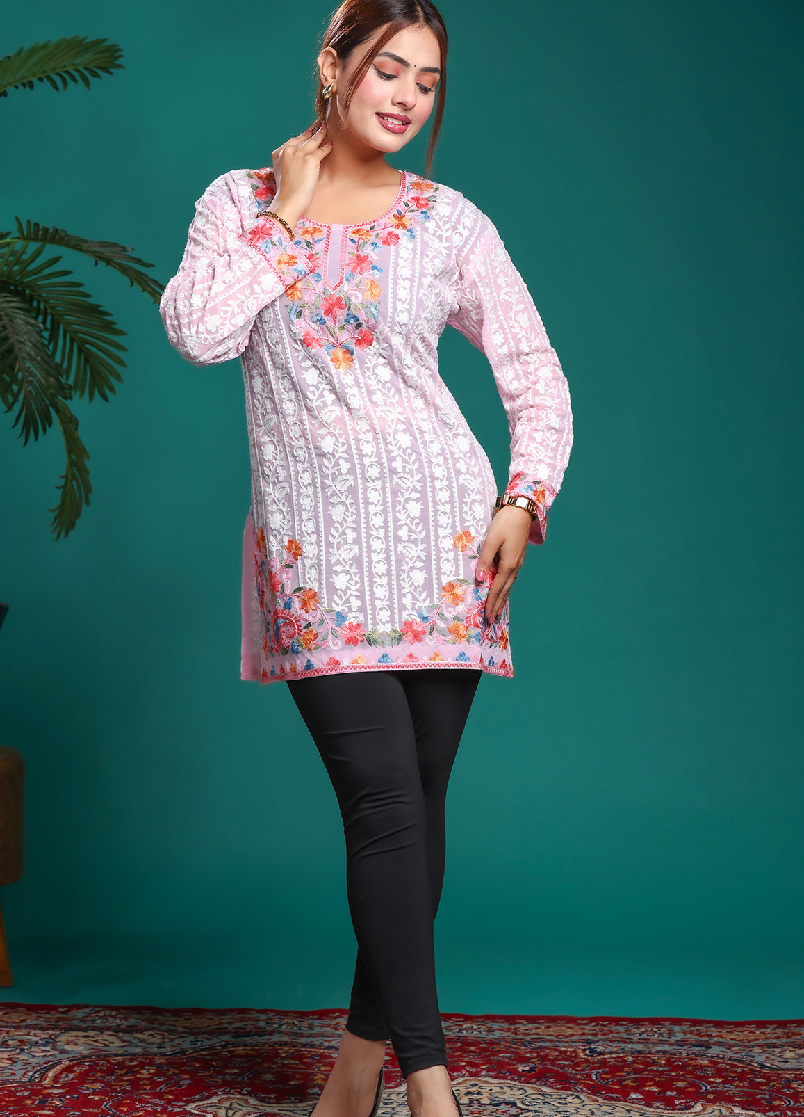 Women's Pink Floral Embroidered Georgette Long Kurta Multicolor Work
