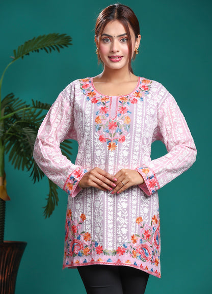 Women's Pink Floral Embroidered Georgette Long Kurta Multicolor Work