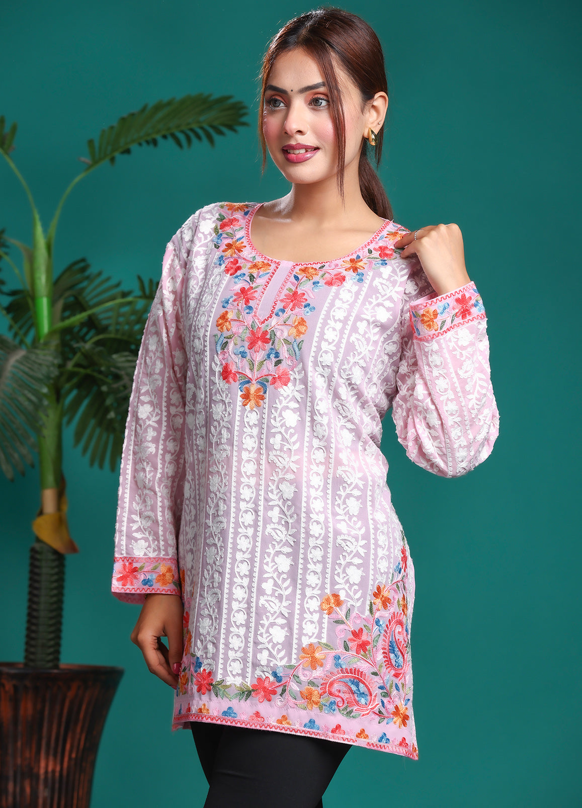 Women's Pink Floral Embroidered Georgette Long Kurta Multicolor Work