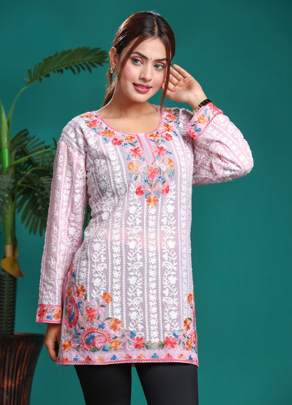Women's Pink Floral Embroidered Georgette Long Kurta Multicolor Work