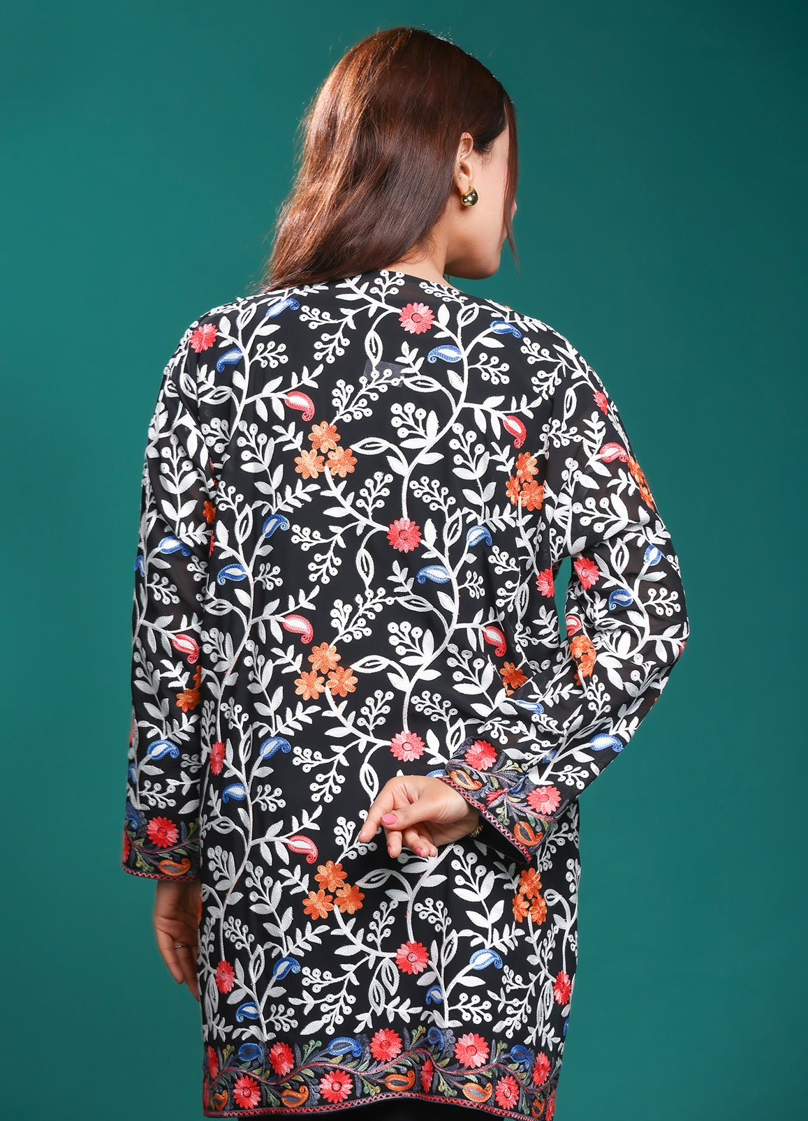 Women's Black Floral Embroidered Georgette Short Kurti