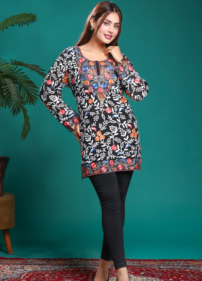 Women's Black Floral Embroidered Georgette Short Kurti